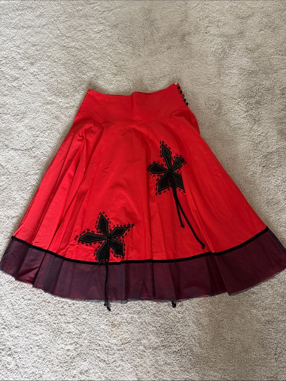 Red A-Line Midi Skirt with Black Floral Appliqué